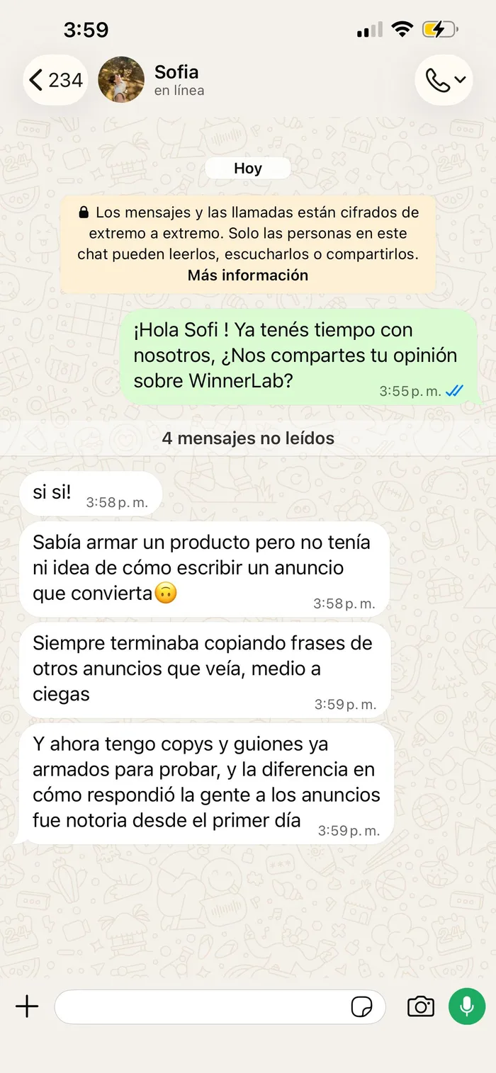 Testimonio de Sofía: ahora tiene copys y guiones ya armados y notó la diferencia en los anuncios desde el primer día